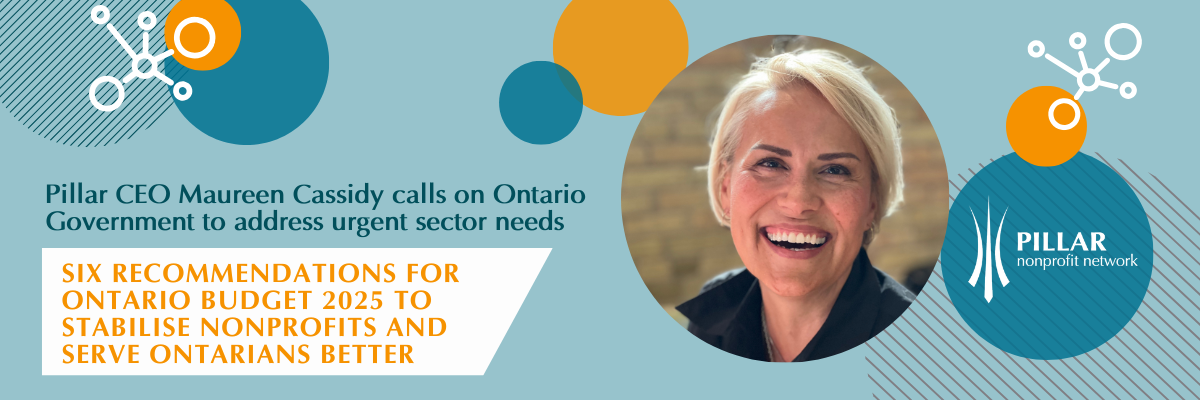 Cameo of smiling middle aged White woman with blond hair with text, "lar CEO Maureen Cassidy calls on Ontario Government to address urgent sector needs | SIX RECOMMENDATIONS for ontario budget 2025 TO STABILISE nonprofits AND SERVE ONTARIANS BETTER"